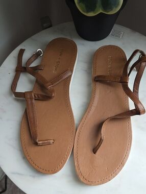 Sun + Stone Tan Leather Minimalist Strappy Sandals
